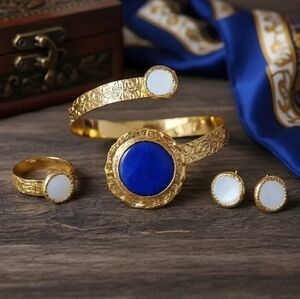 Turkish 18K Gold Plated Sapphire Glass Pearl Cuff Bracelet Ring Set Adjustable